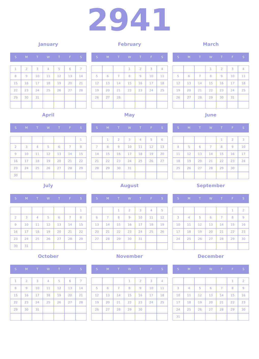 Printable 2941 Year Calendars periwinkle