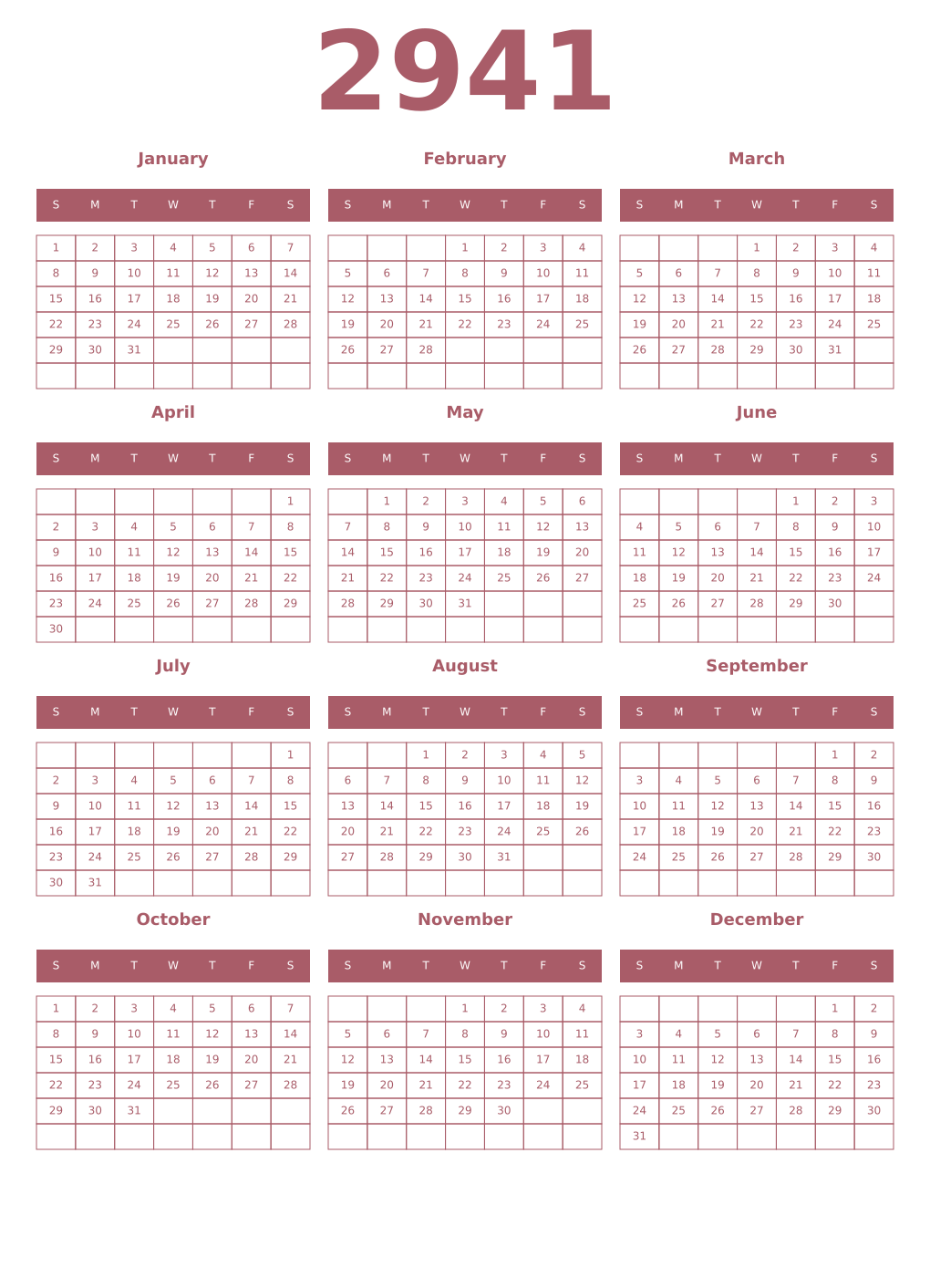 Printable 2941 Year Calendars puce
