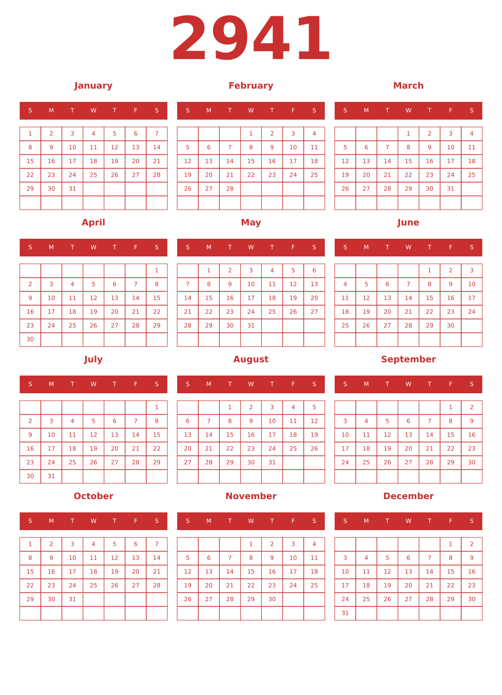 Printable 2941 Year Calendars red
