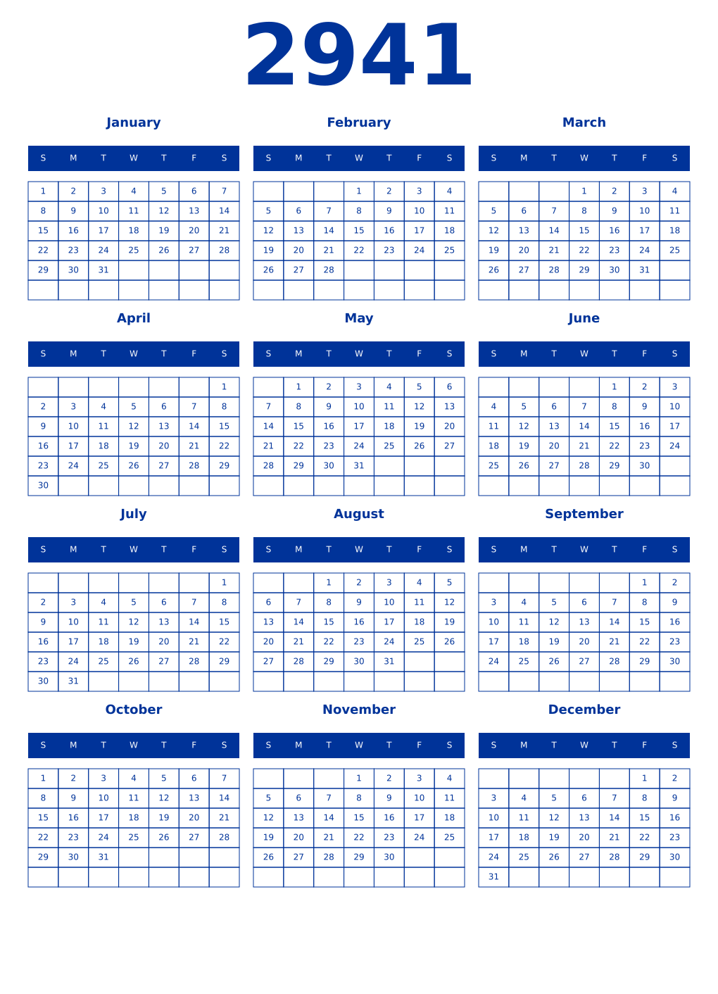 Printable 2941 Year Calendars smalt