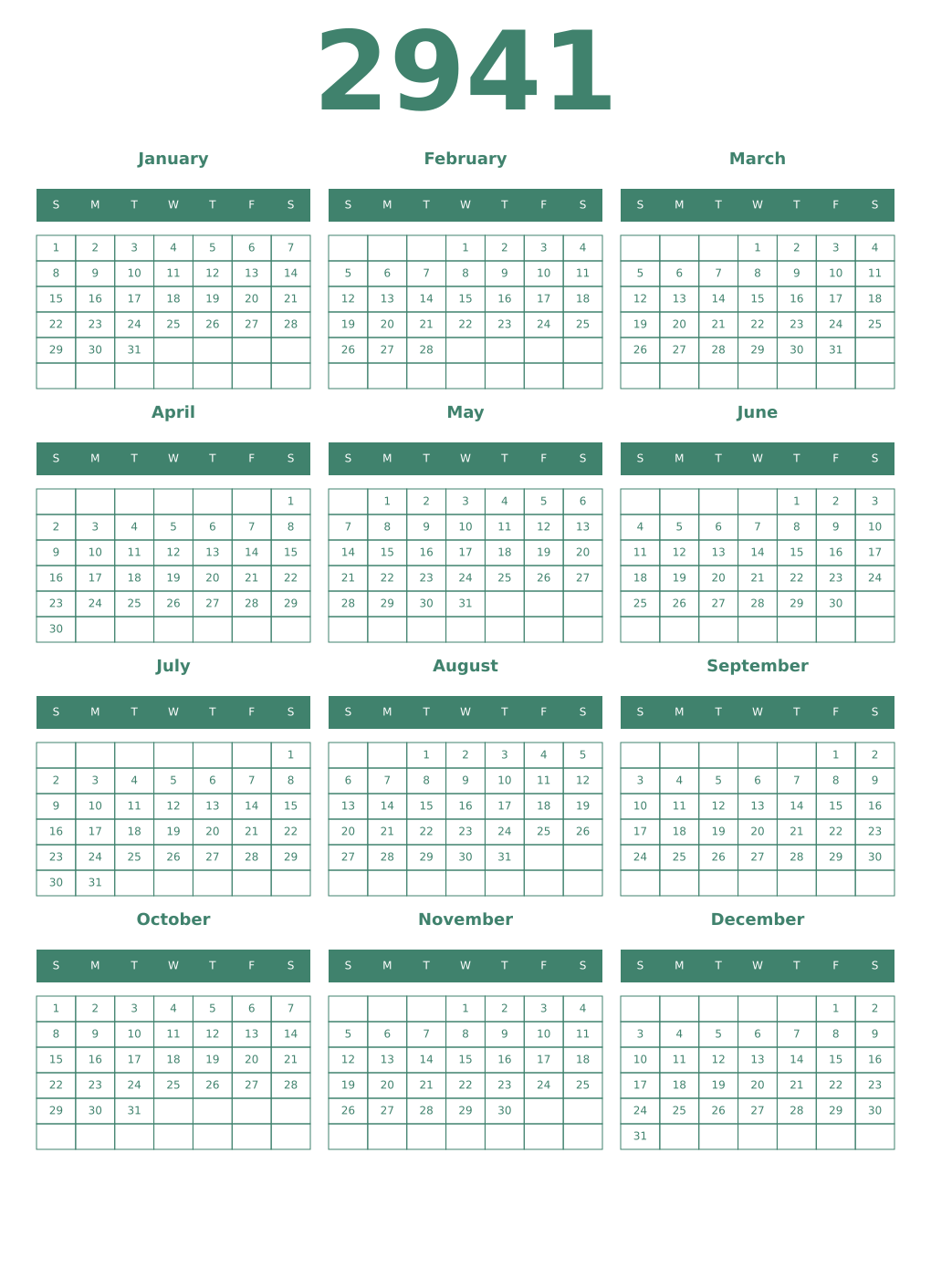 Printable 2941 Year Calendars viridian