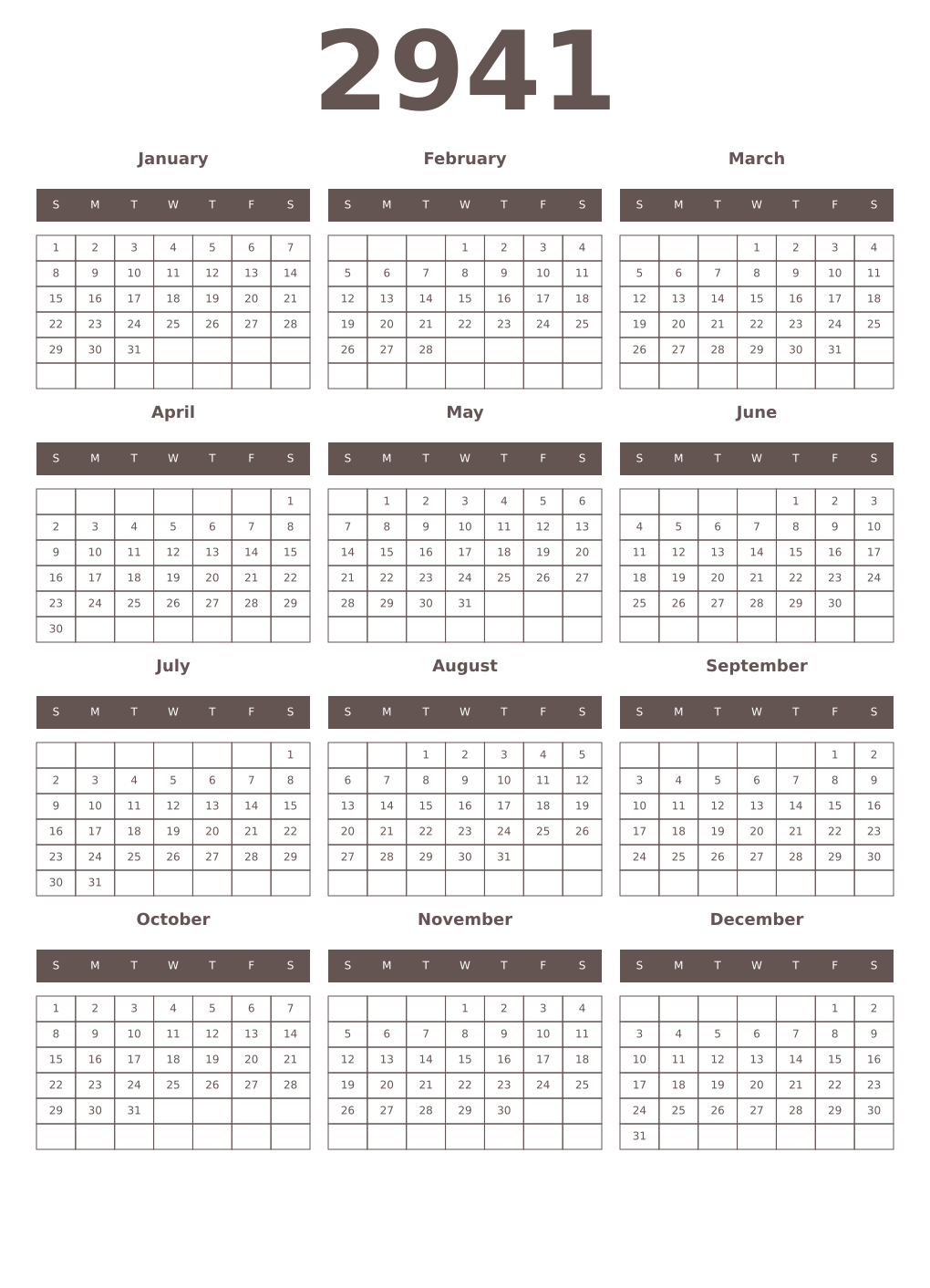 Printable 2941 Year Calendars wenge