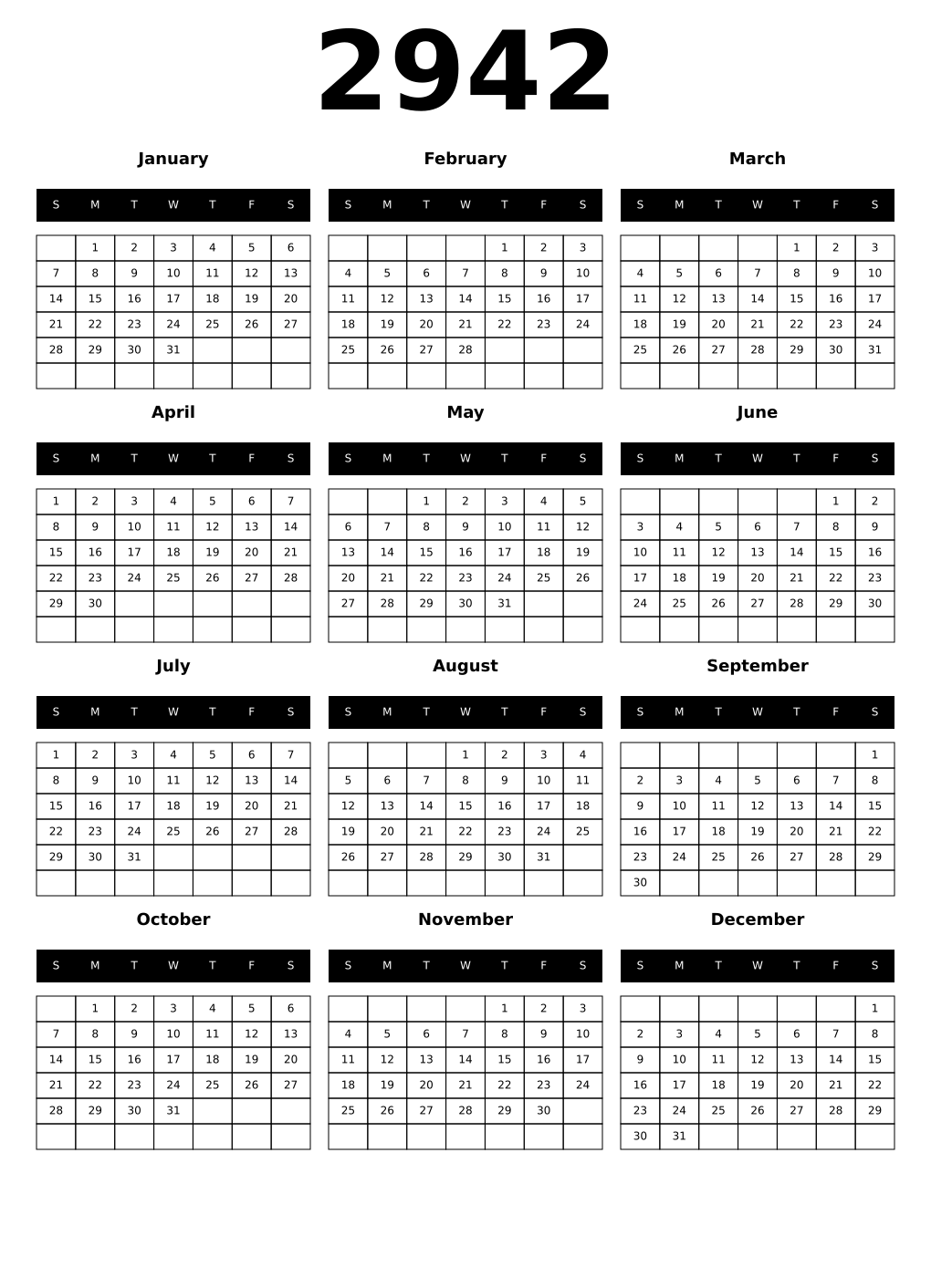 Printable 2942 Year Calendars black