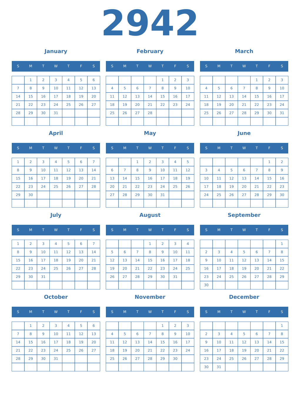 Printable 2942 Year Calendars blue