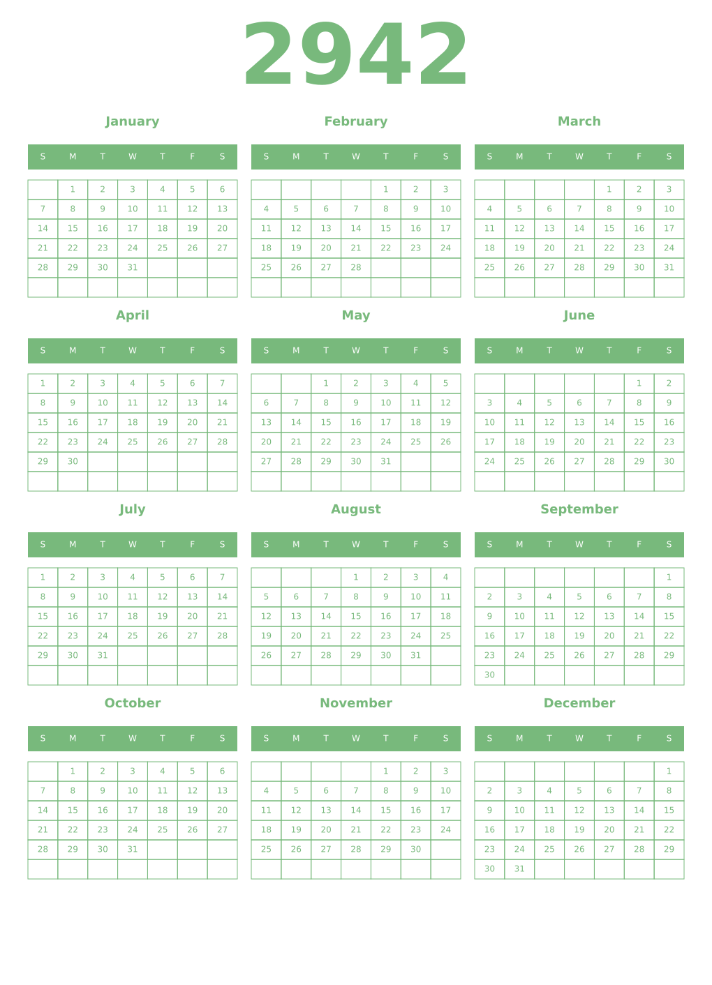 Printable 2942 Year Calendars celadon