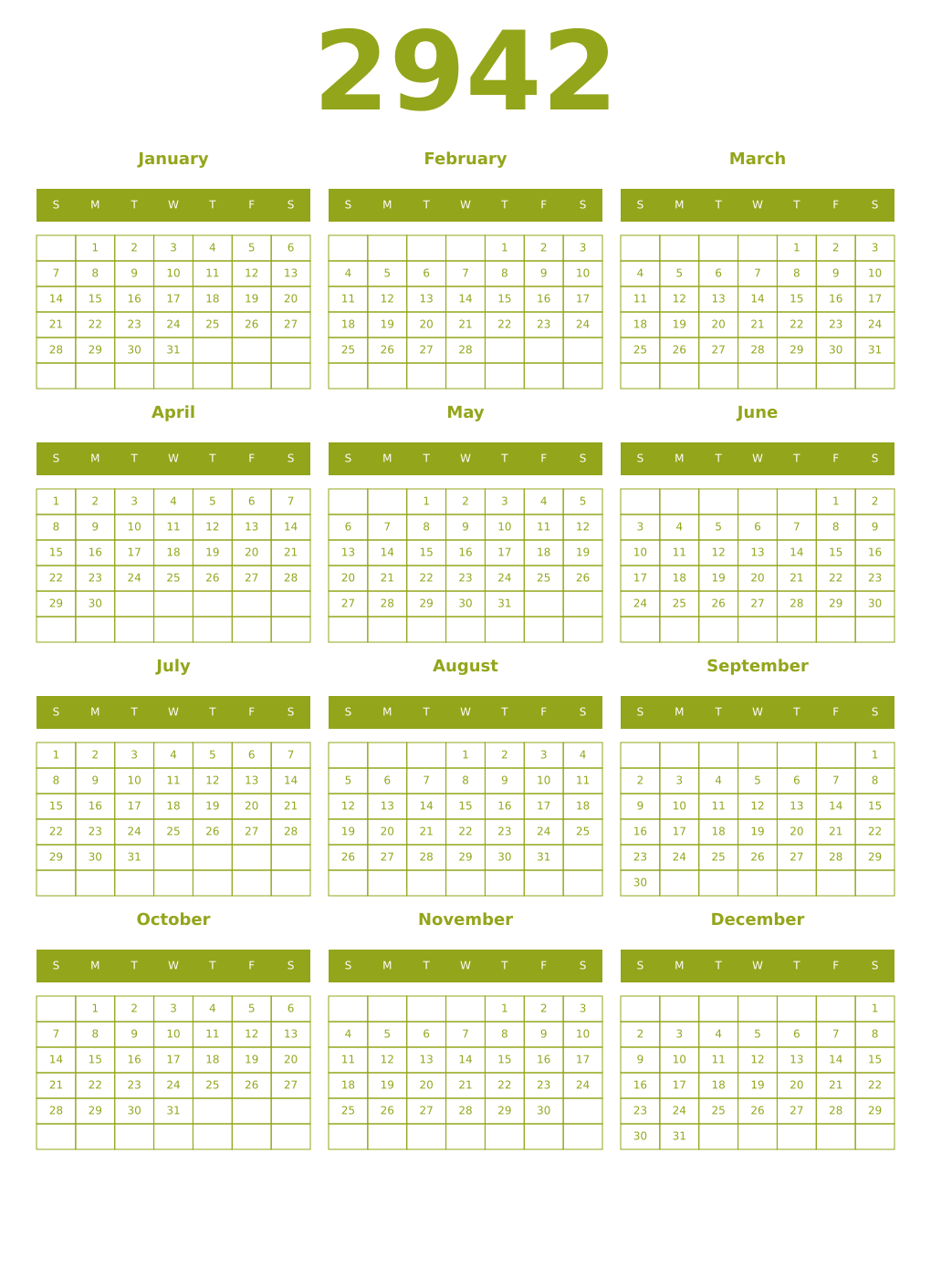 Printable 2942 Year Calendars chartreuse