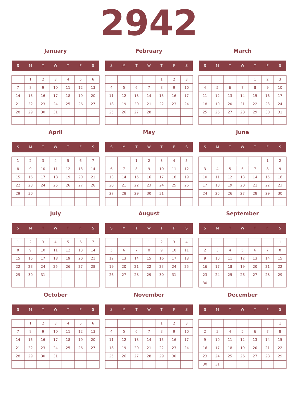 Printable 2942 Year Calendars cordovan