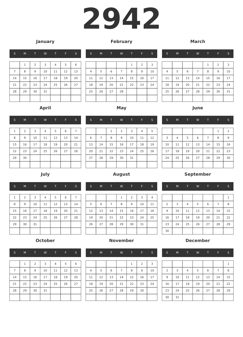 Printable 2942 Year Calendars dark