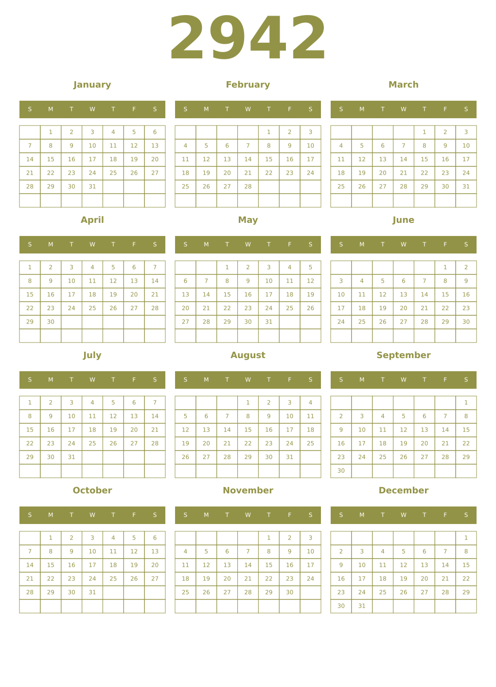 Printable 2942 Year Calendars eburnean