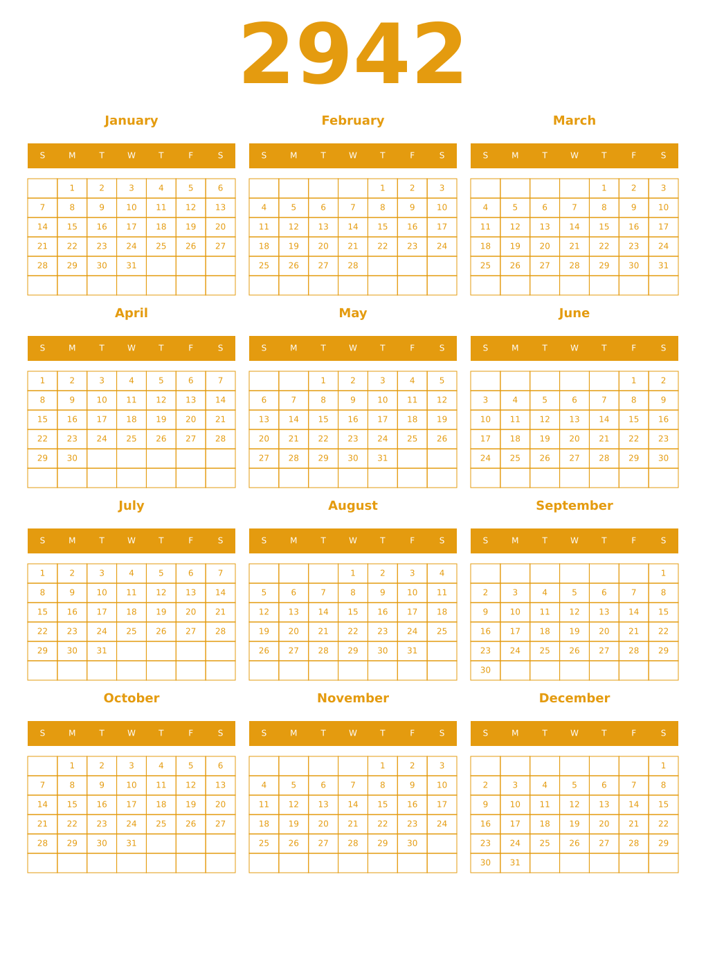Printable 2942 Year Calendars gamboge