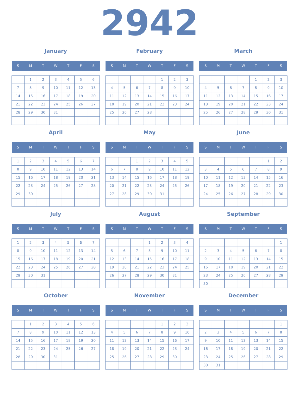 Printable 2942 Year Calendars glaucous
