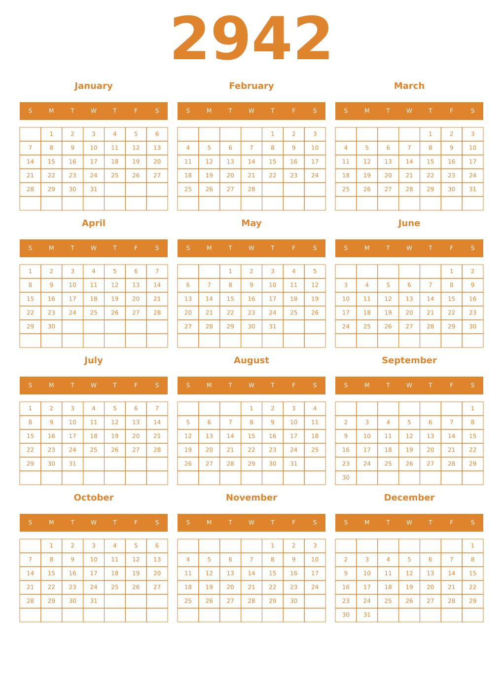 Printable 2942 Year Calendars orange
