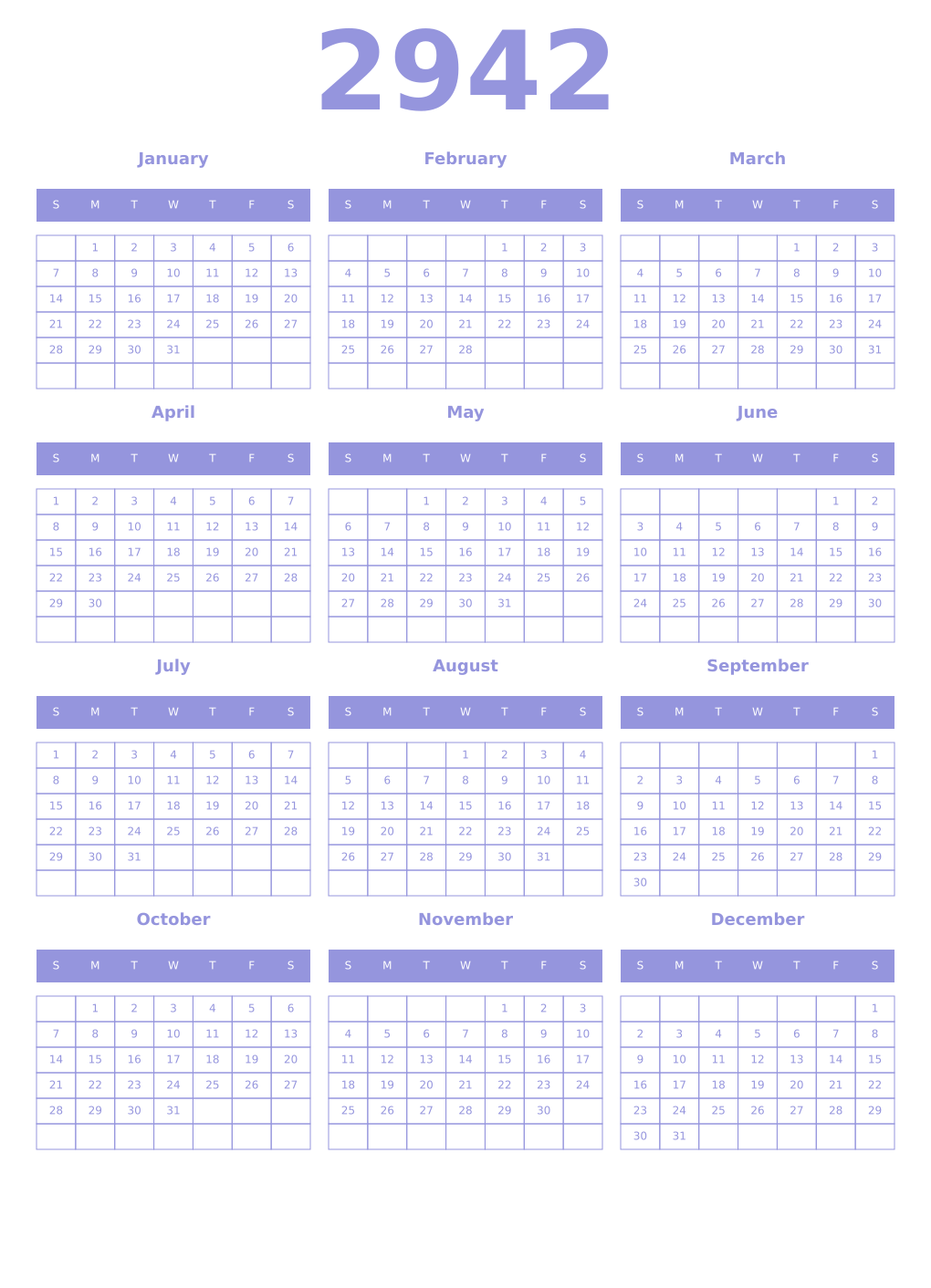 Printable 2942 Year Calendars periwinkle