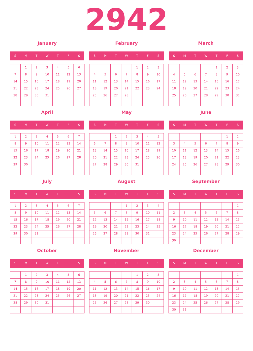 Printable 2942 Year Calendars pink
