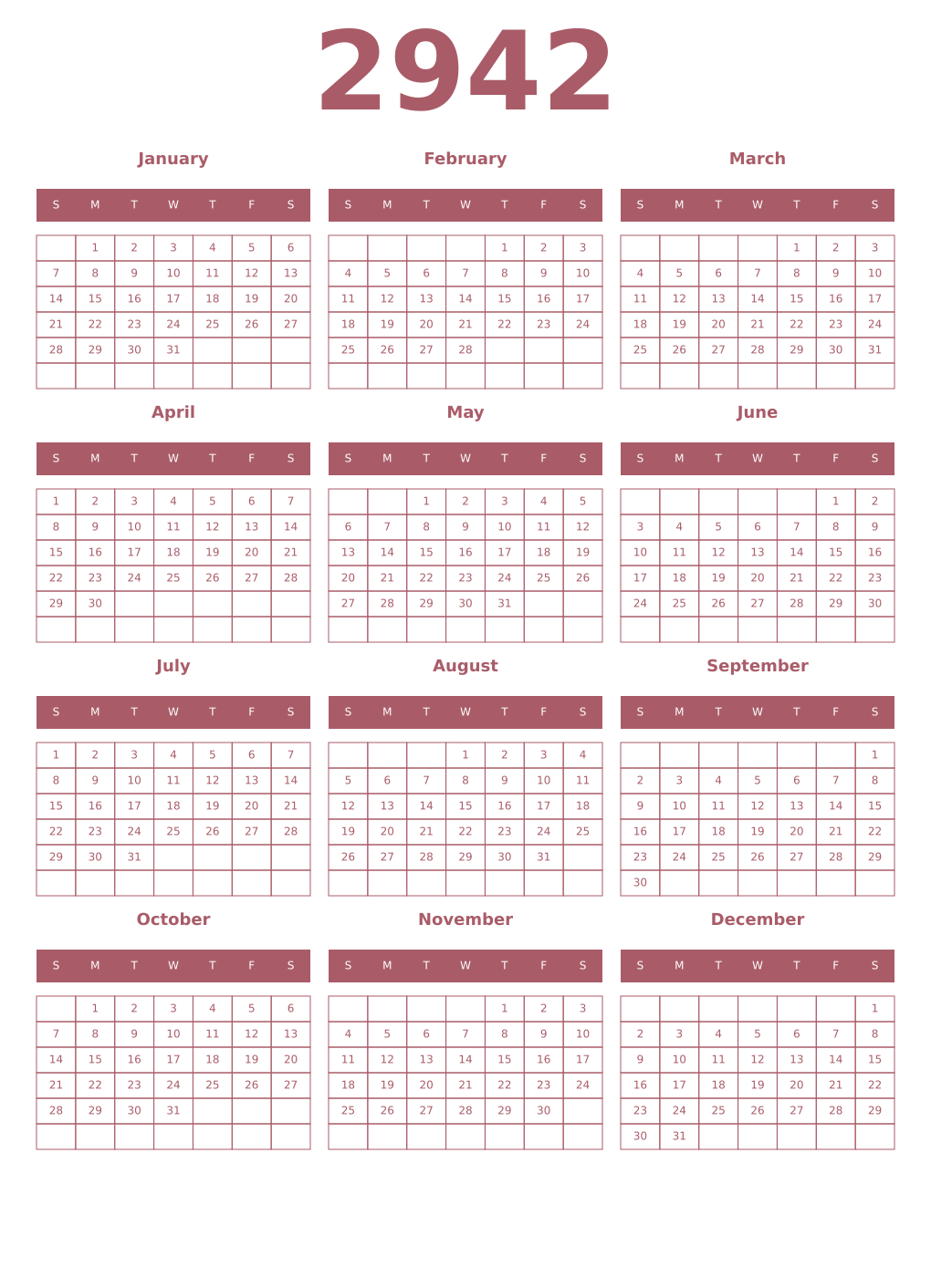 Printable 2942 Year Calendars puce