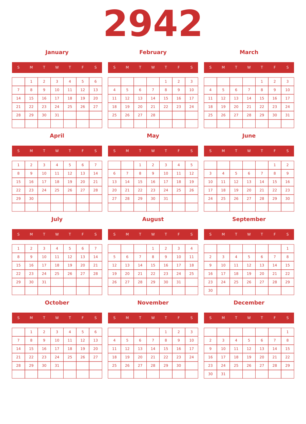 Printable 2942 Year Calendars red
