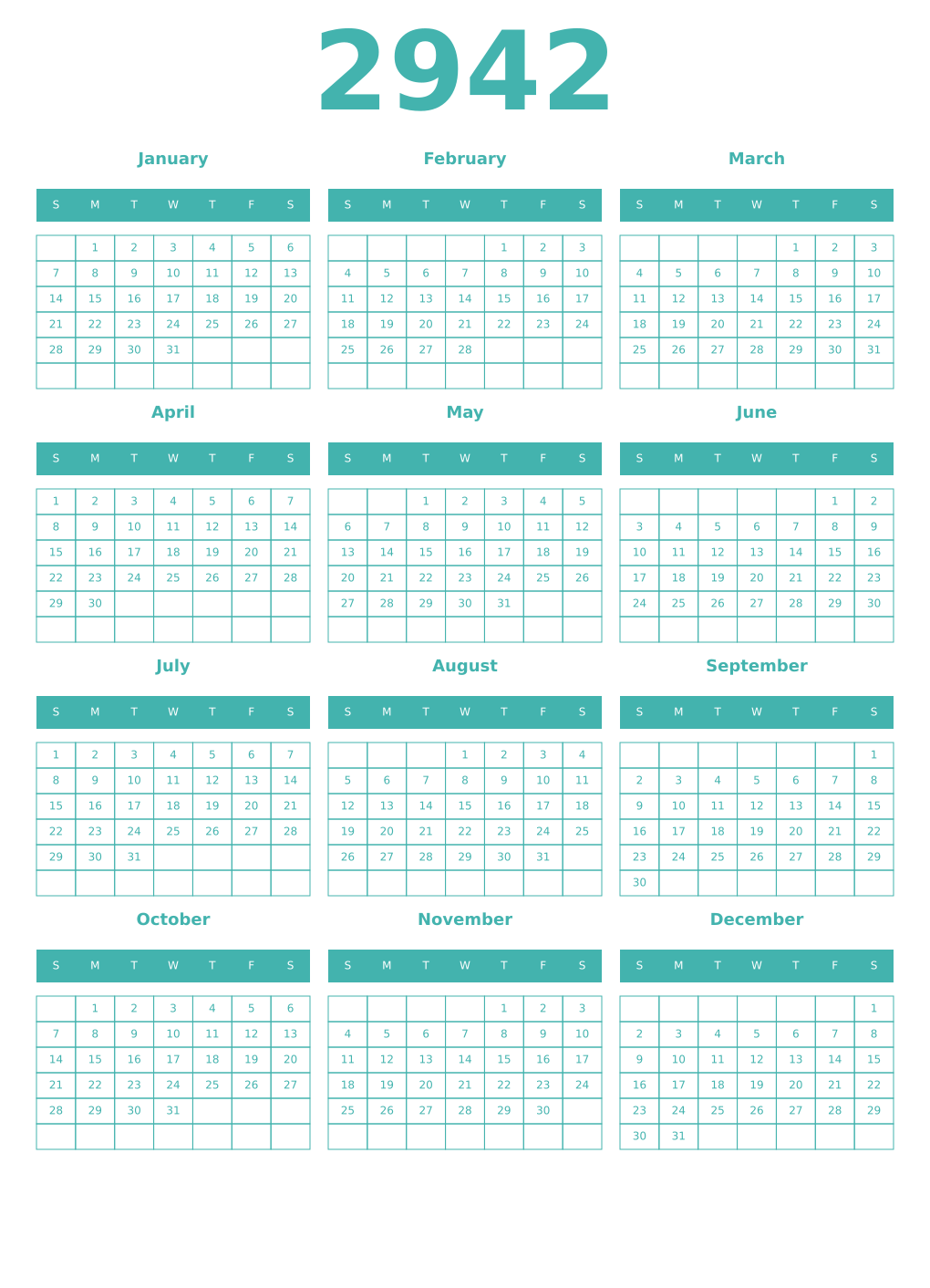 Printable 2942 Year Calendars verdigris