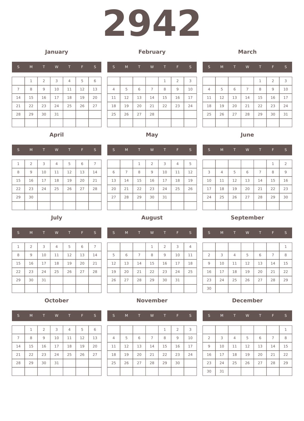 Printable 2942 Year Calendars wenge