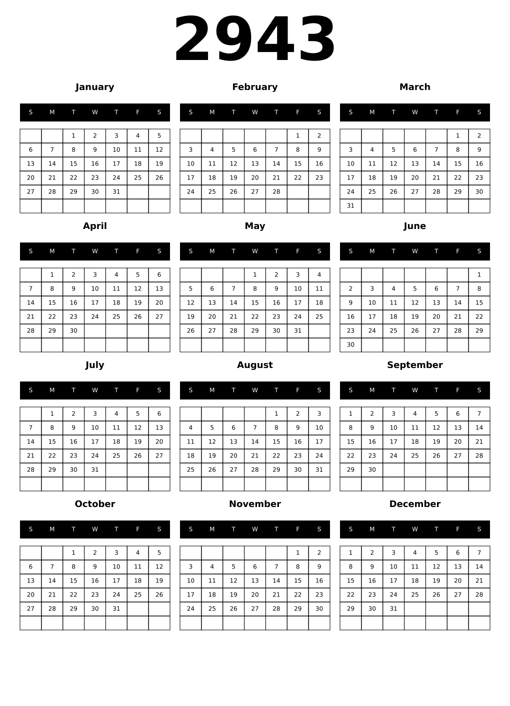Printable 2943 Year Calendars black