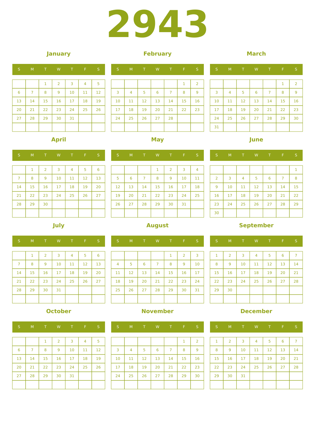 Printable 2943 Year Calendars chartreuse