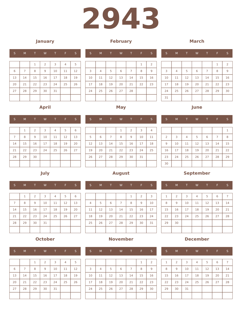 Printable 2943 Year Calendars coffe