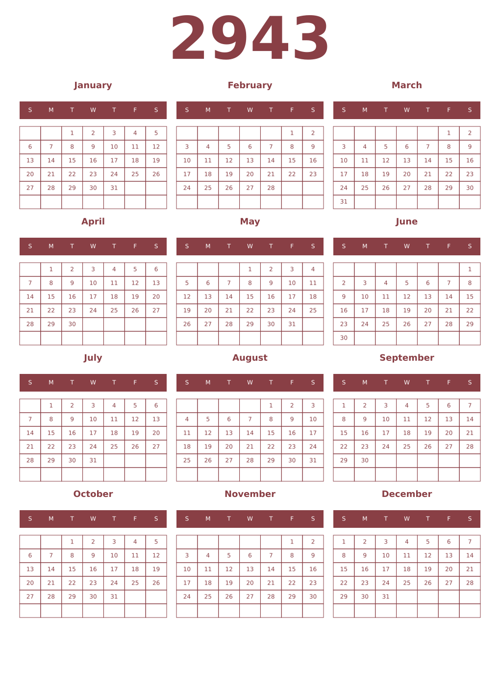 Printable 2943 Year Calendars cordovan