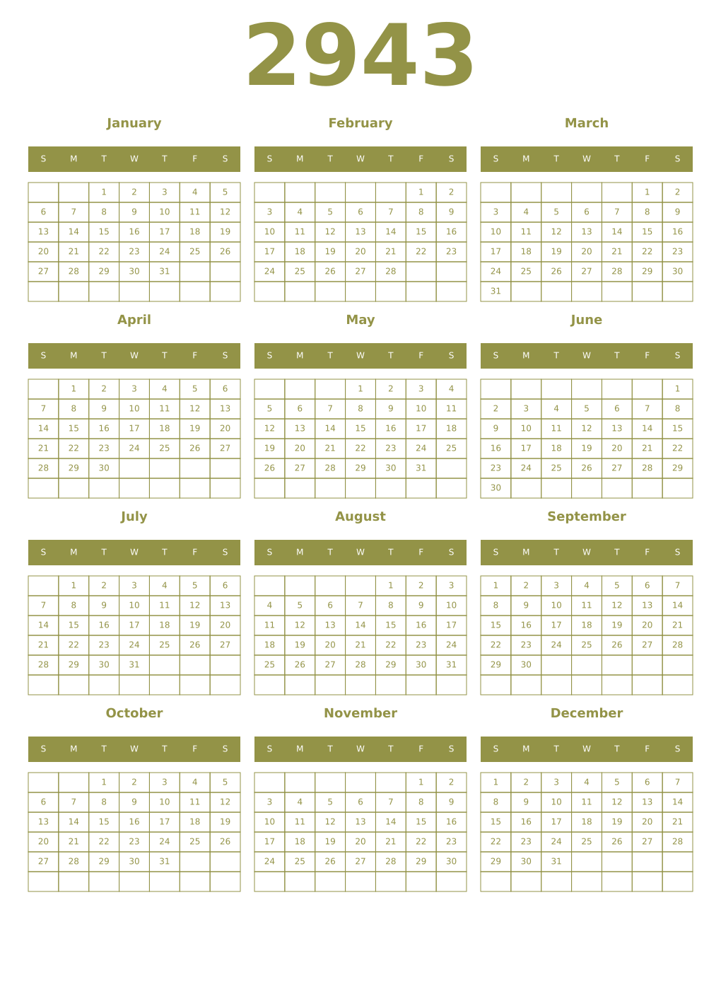 Printable 2943 Year Calendars eburnean