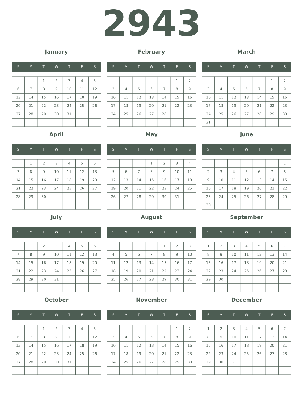 Printable 2943 Year Calendars feldgrau
