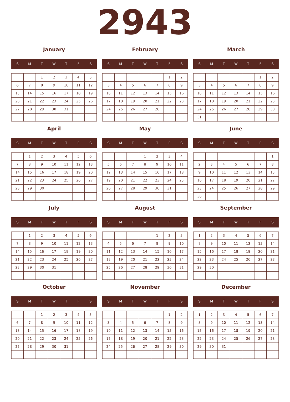 Printable 2943 Year Calendars mortuum