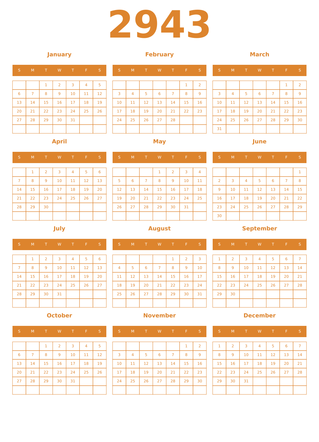 Printable 2943 Year Calendars orange