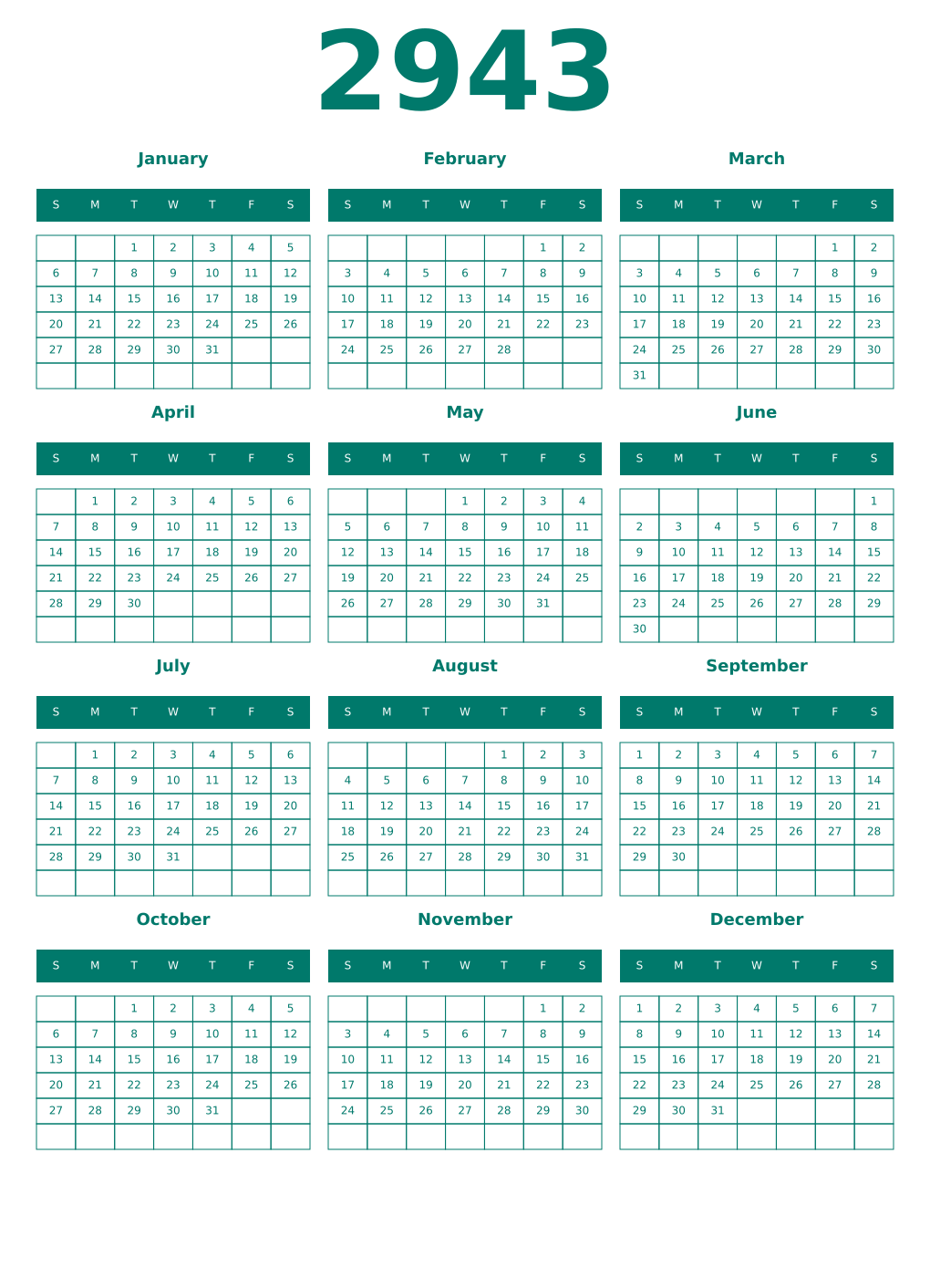 Printable 2943 Year Calendars pastel