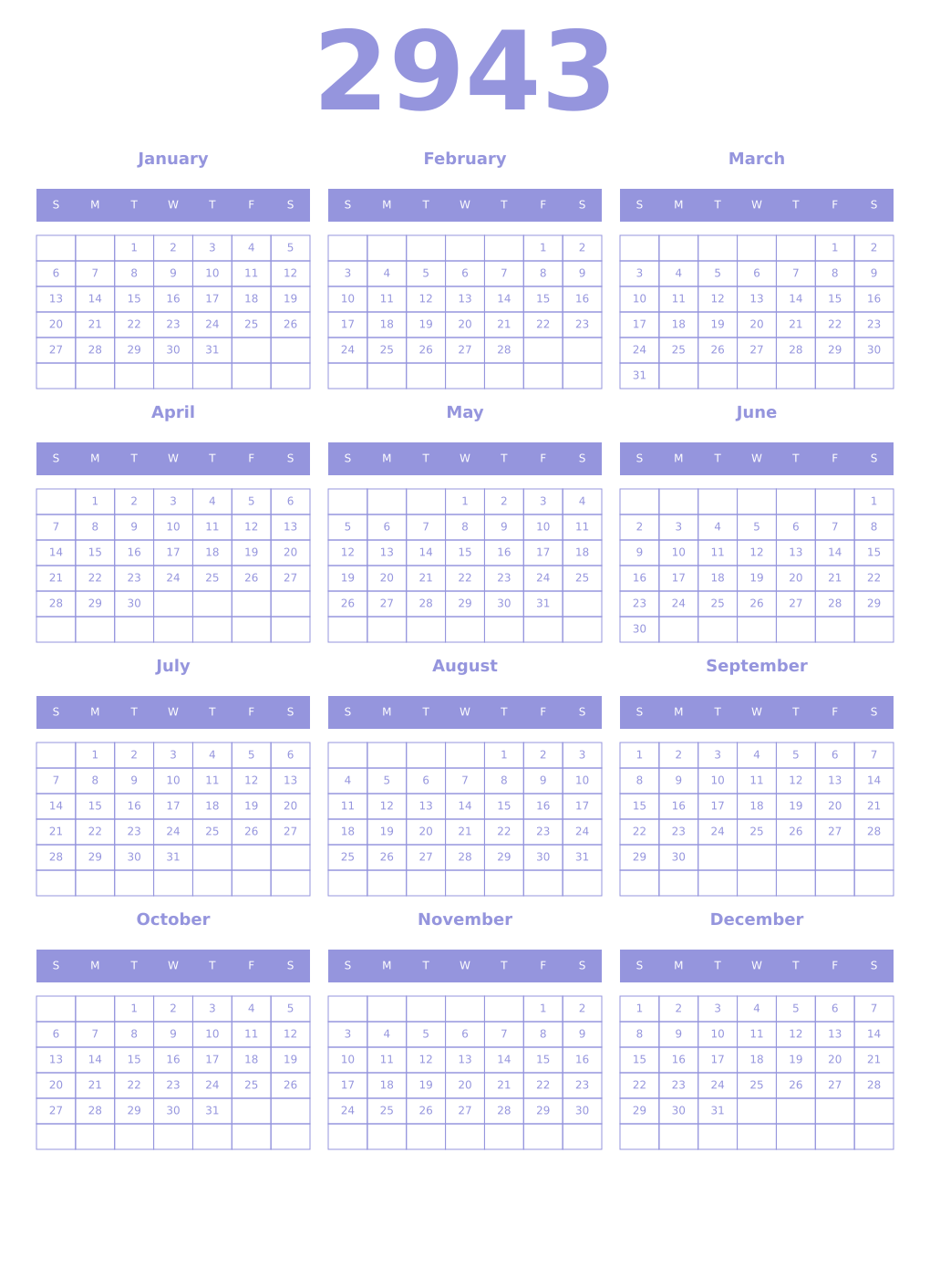 Printable 2943 Year Calendars periwinkle