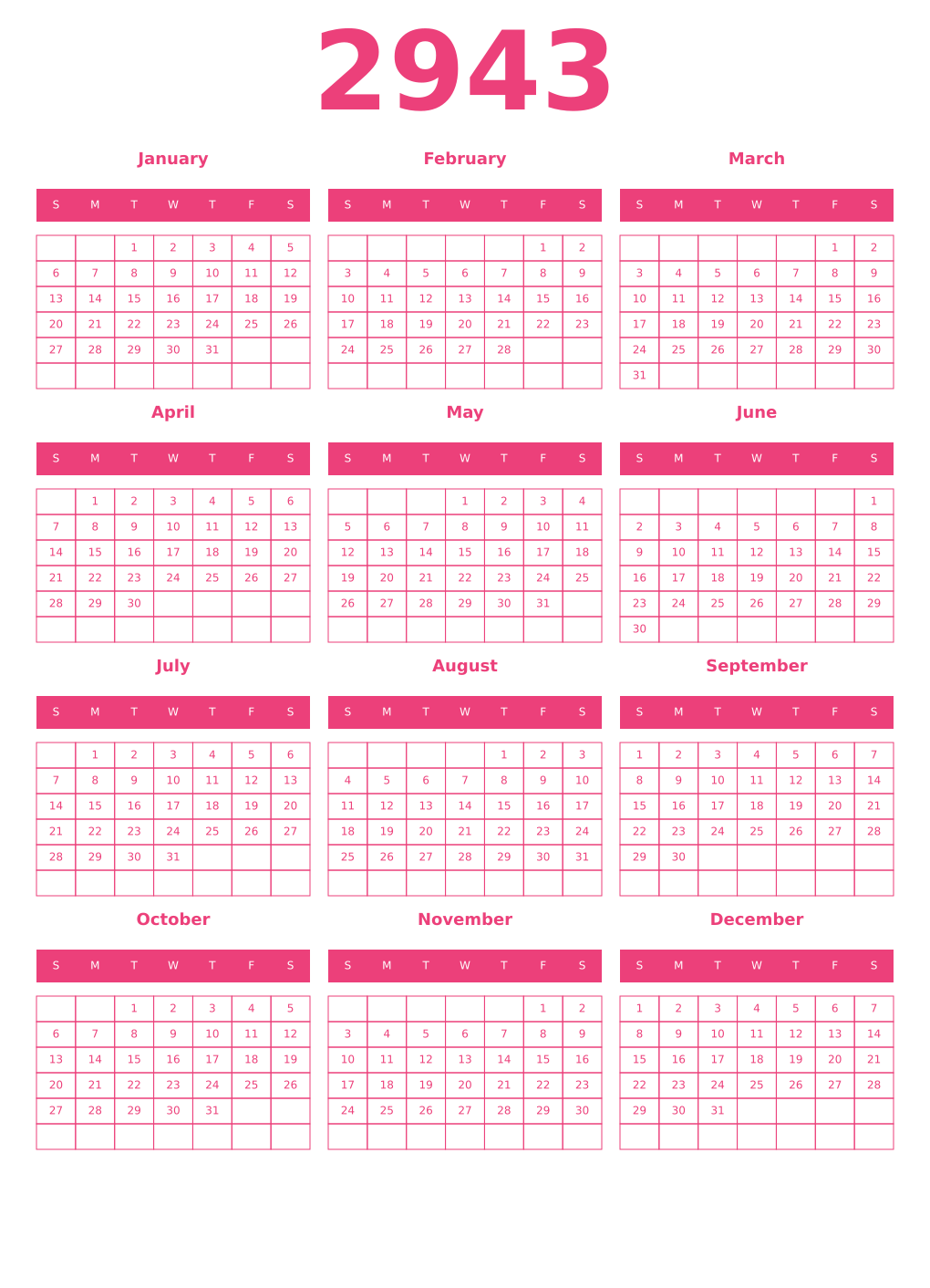 Printable 2943 Year Calendars pink