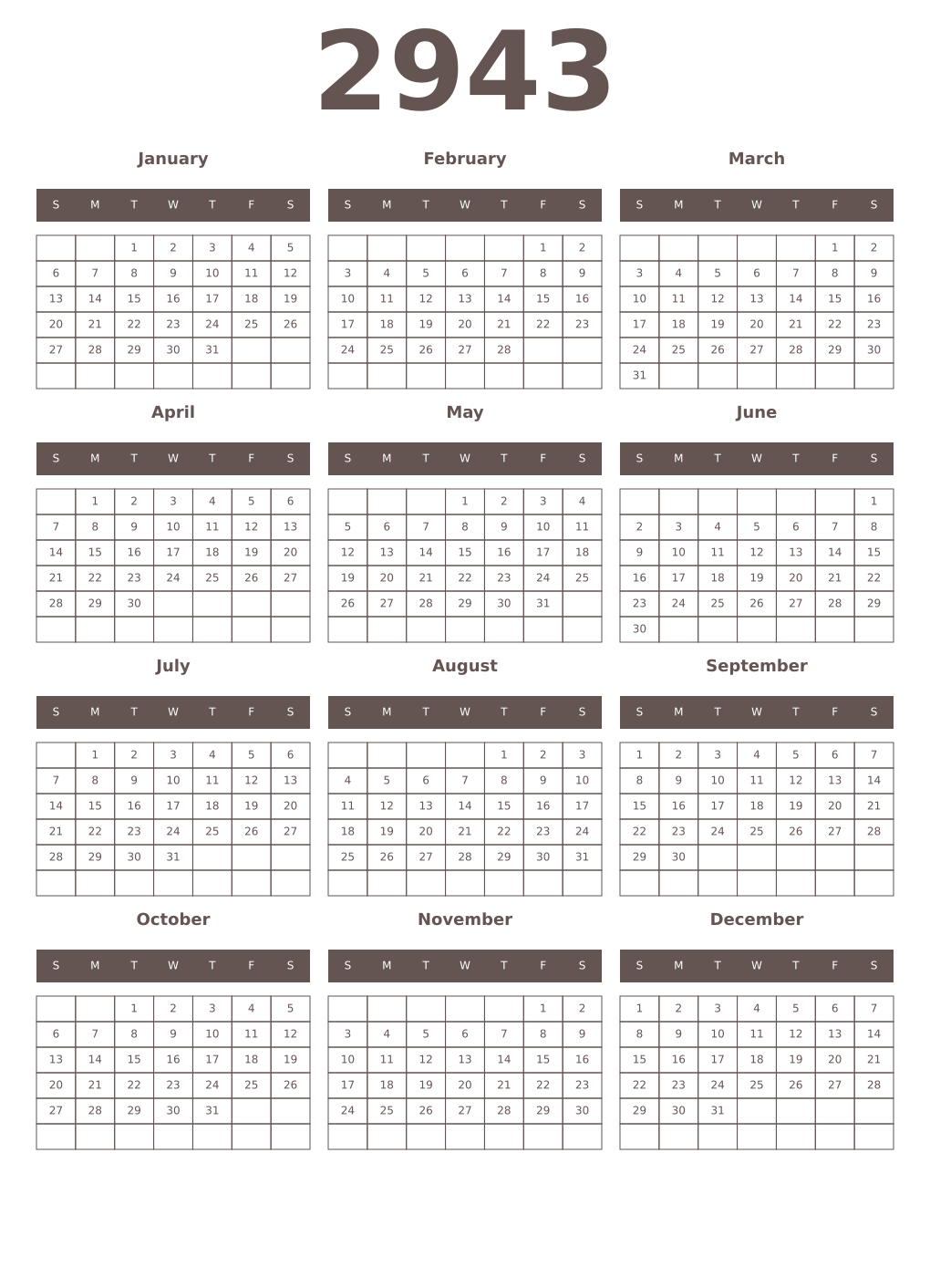 Printable 2943 Year Calendars wenge