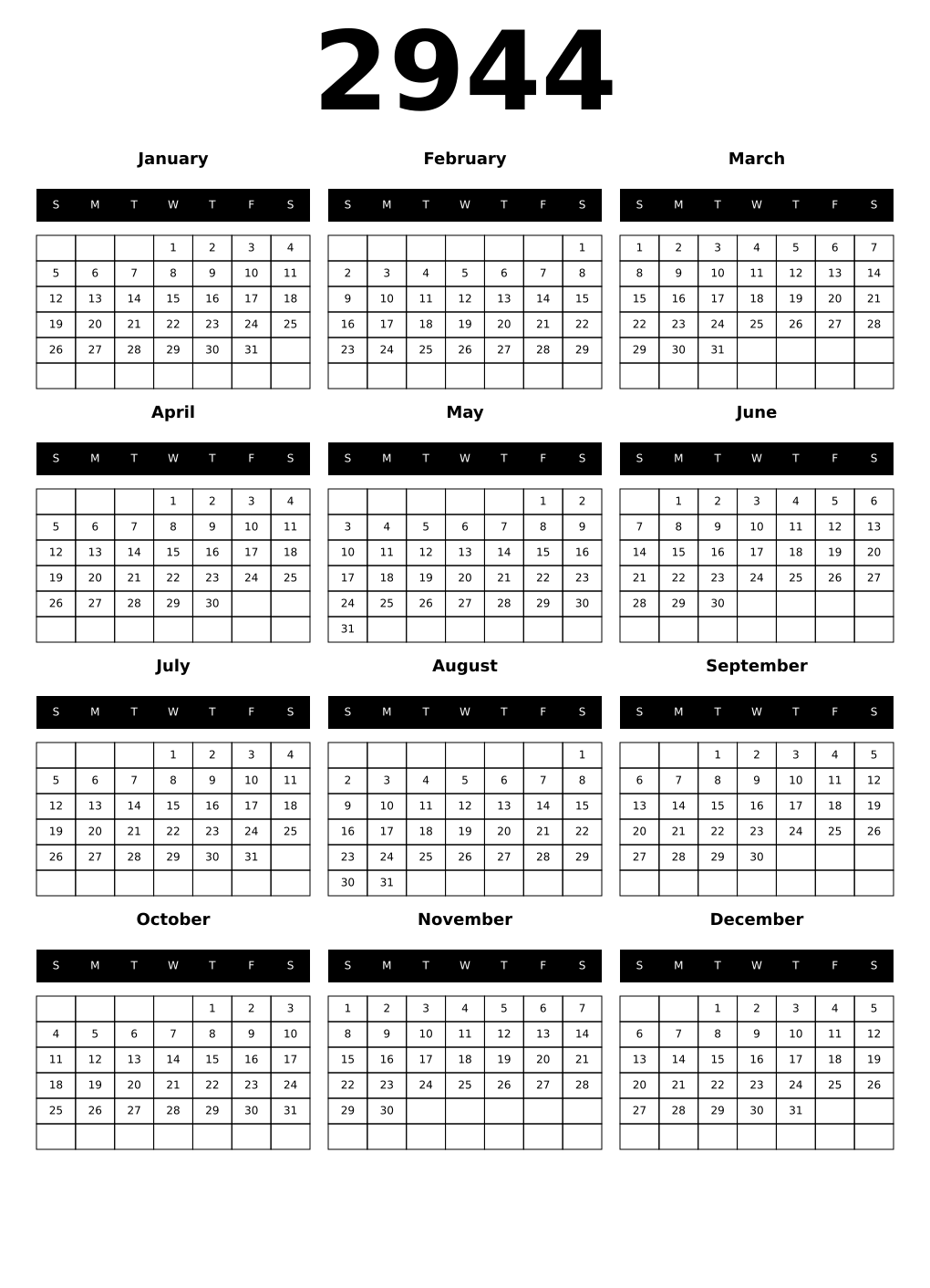 Printable 2944 Year Calendars black