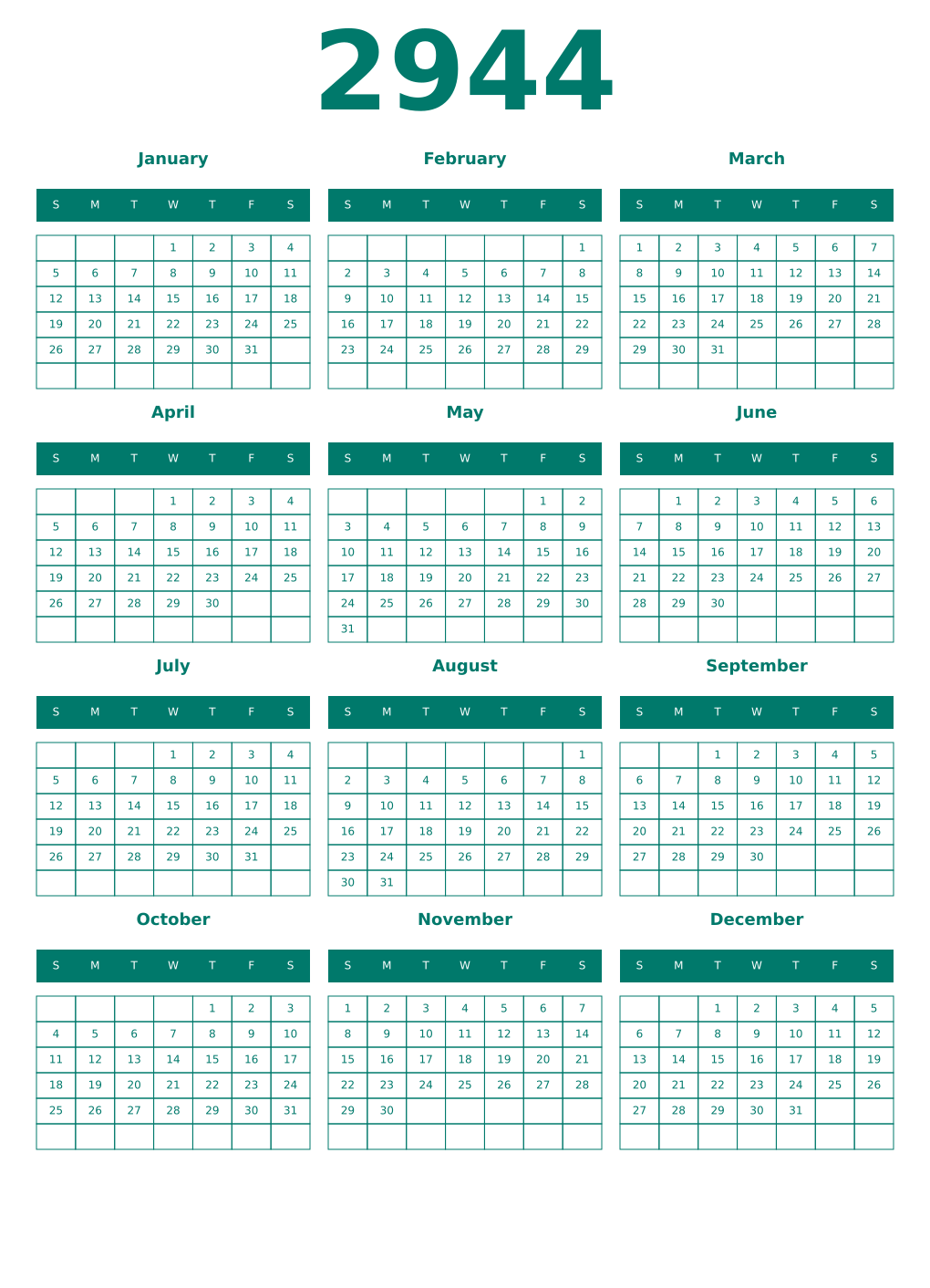 Printable 2944 Year Calendars pastel