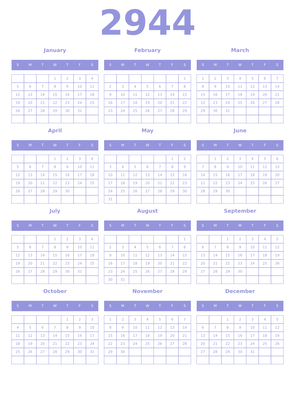Printable 2944 Year Calendars periwinkle