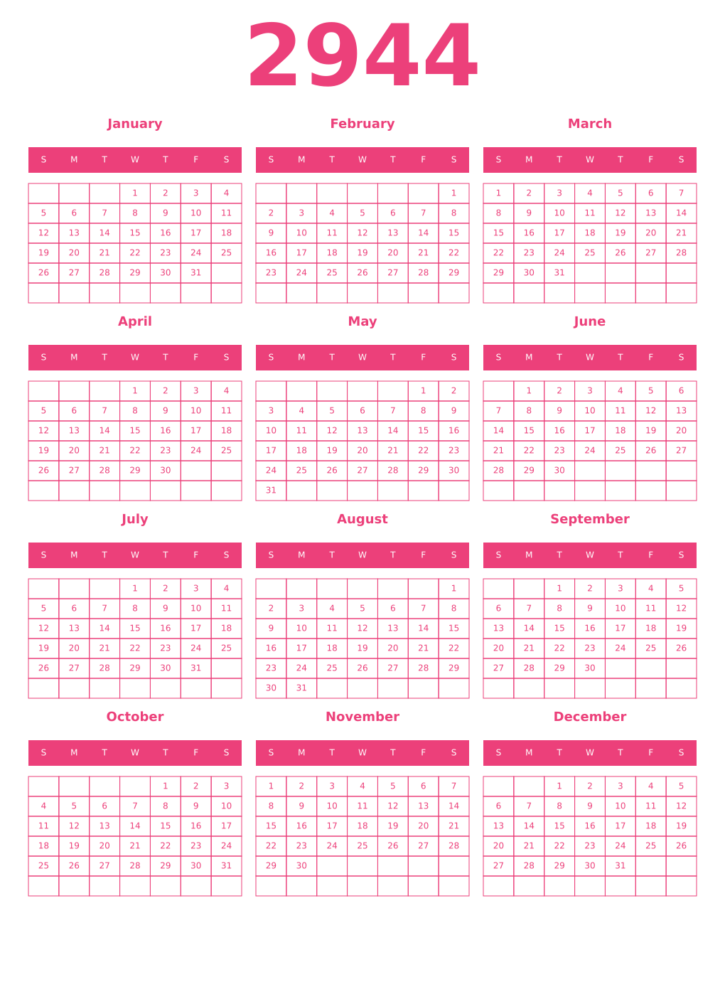 Printable 2944 Year Calendars pink