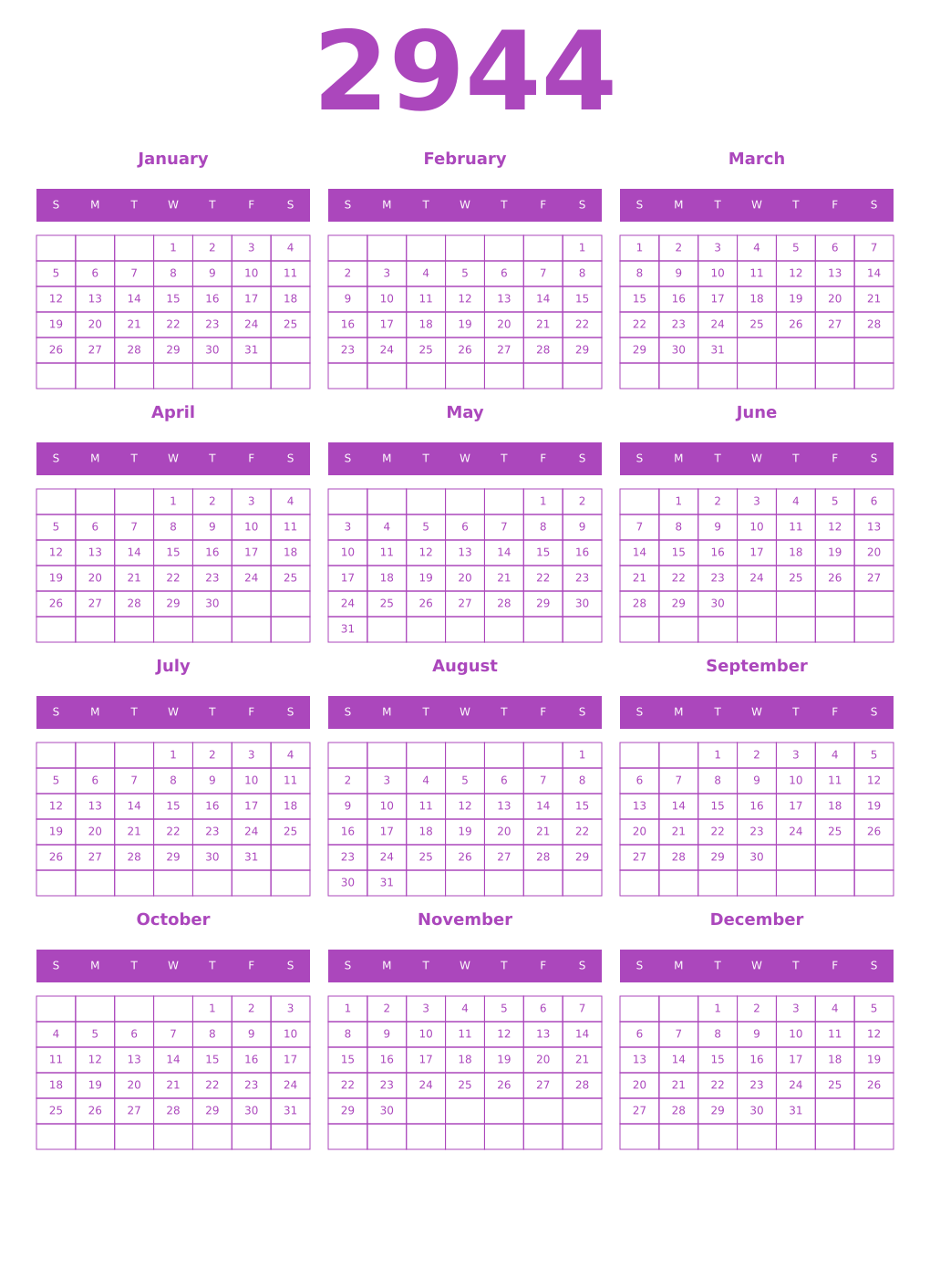 Printable 2944 Year Calendars purple