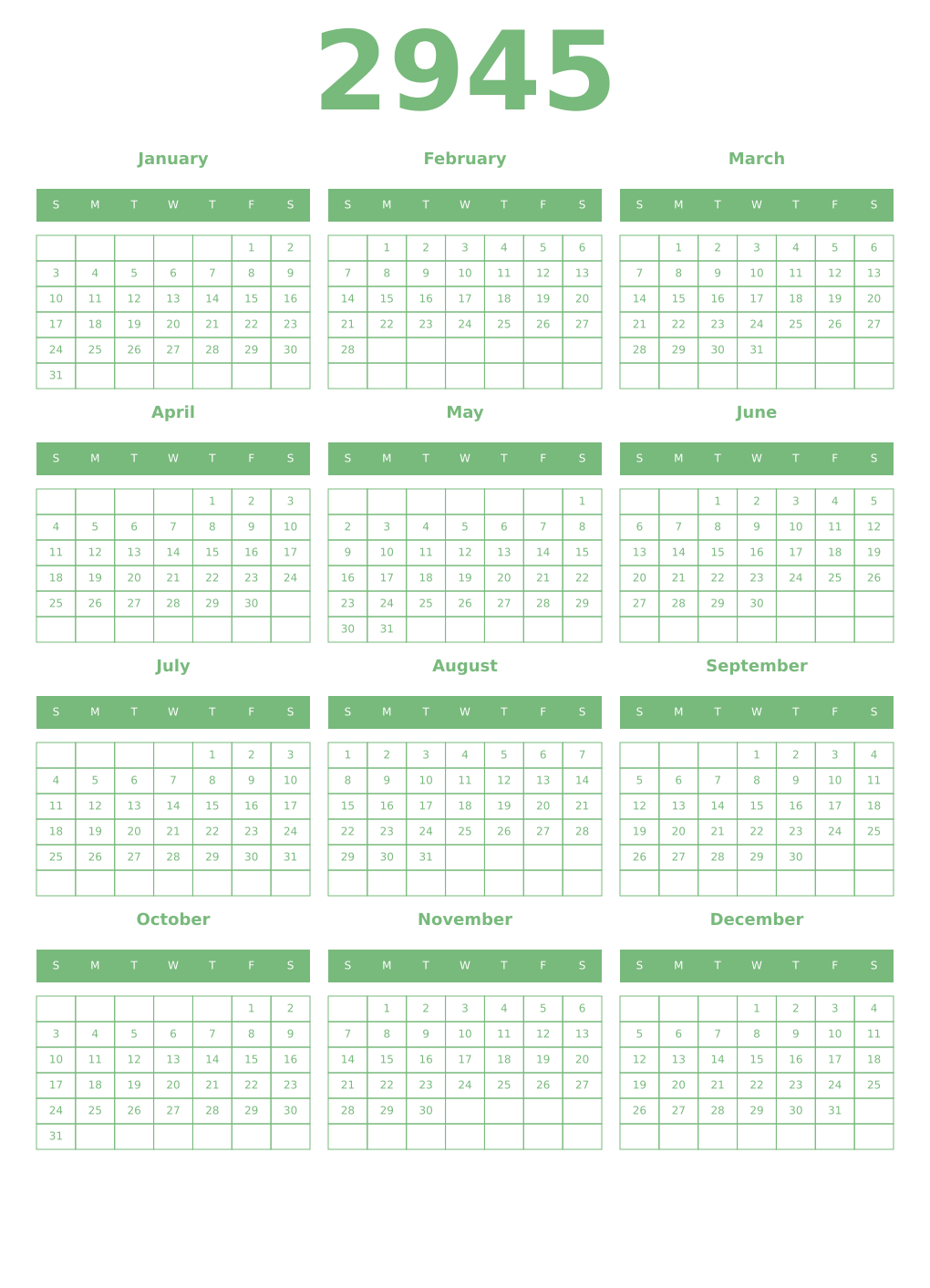 Printable 2945 Year Calendars celadon