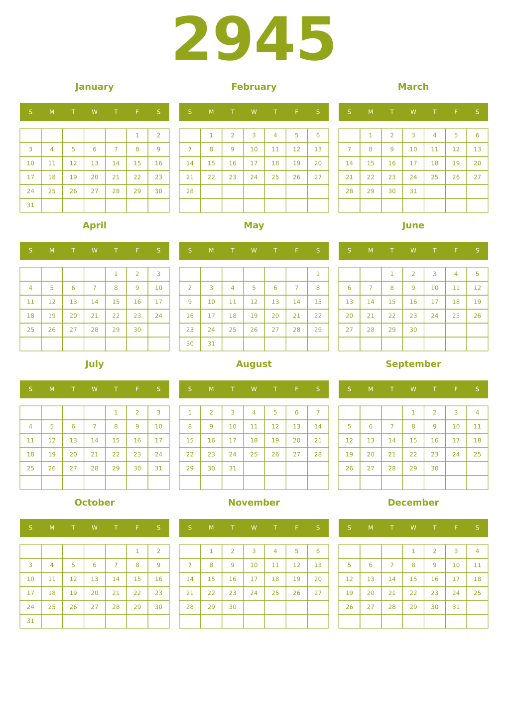 Printable 2945 Year Calendars chartreuse