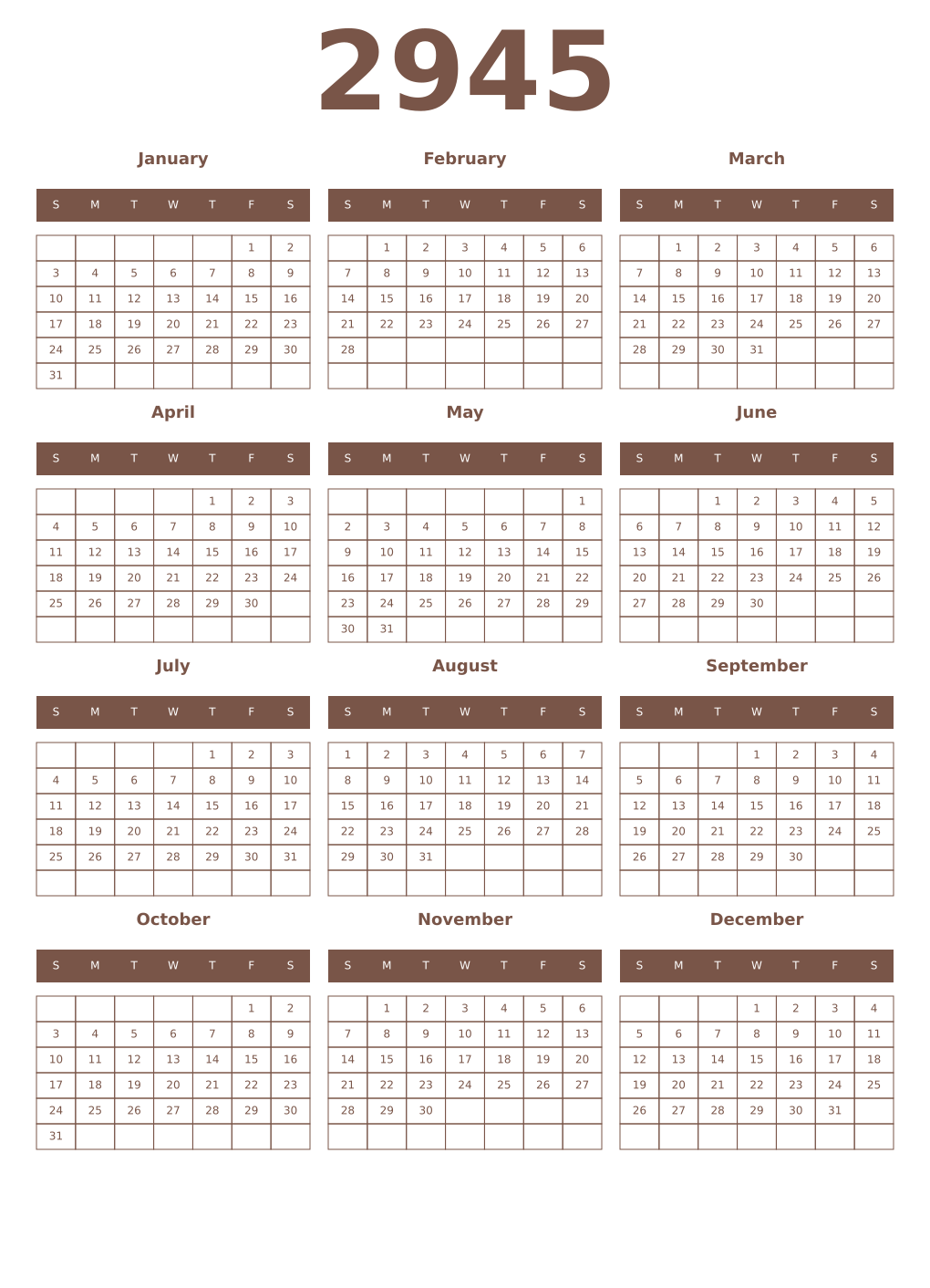 Printable 2945 Year Calendars coffe