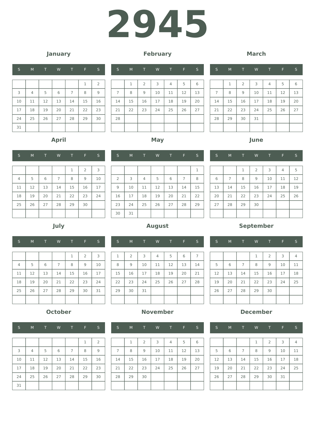 Printable 2945 Year Calendars feldgrau