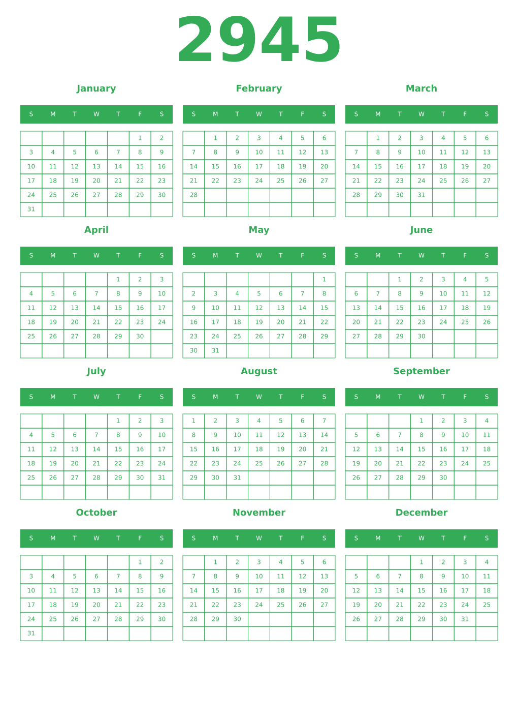 Printable 2945 Year Calendars green