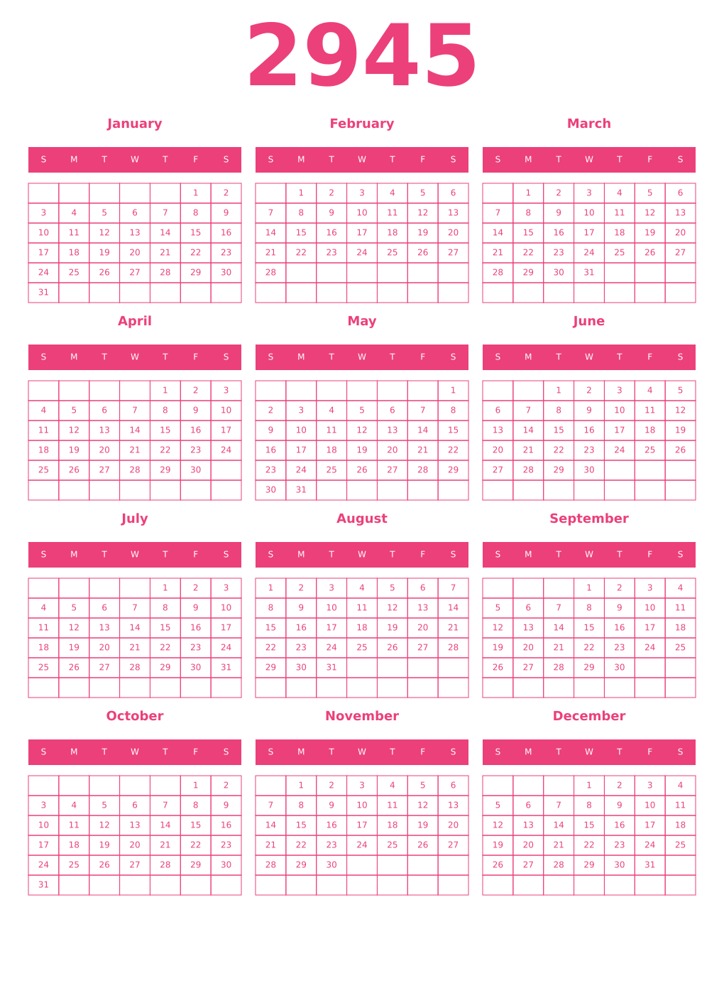Printable 2945 Year Calendars pink
