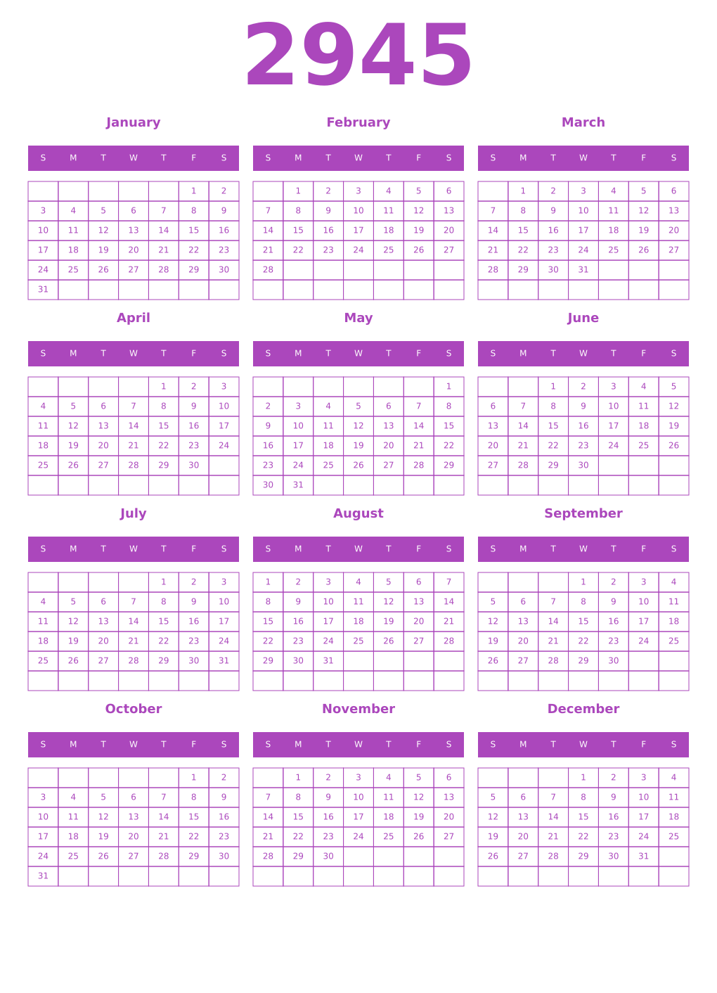 Printable 2945 Year Calendars purple