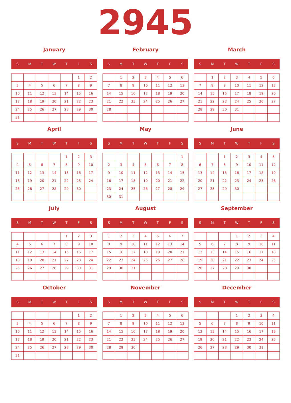 Printable 2945 Year Calendars red