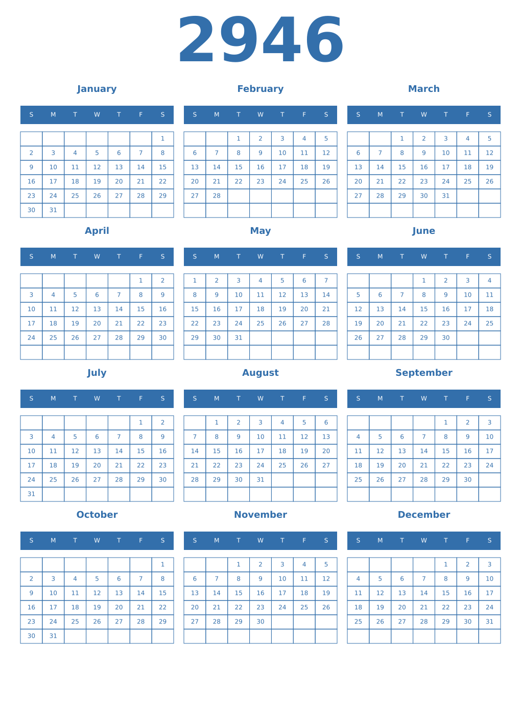 Printable 2946 Year Calendars blue