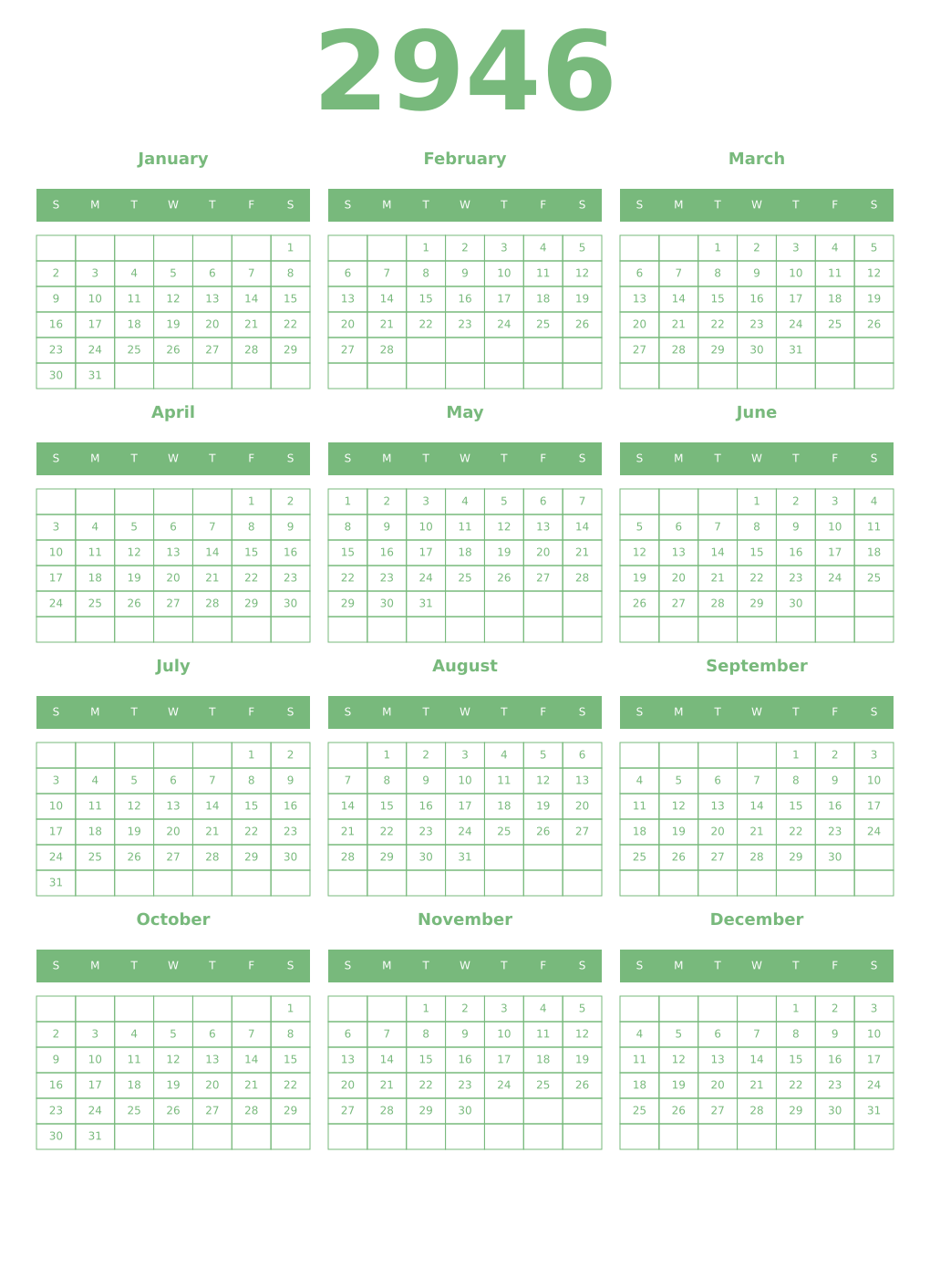 Printable 2946 Year Calendars celadon