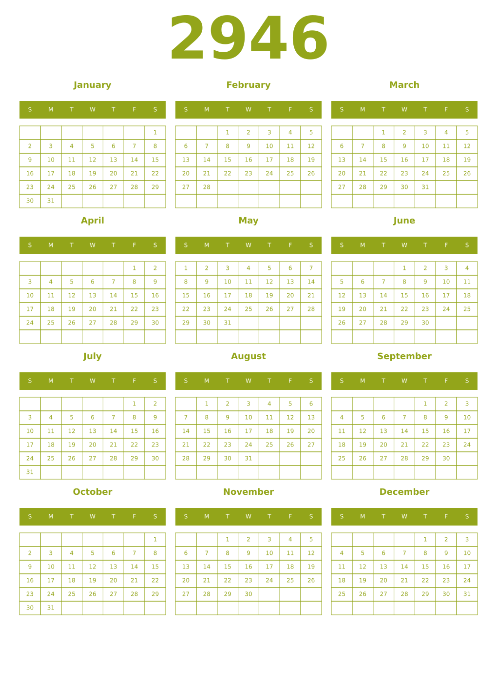 Printable 2946 Year Calendars chartreuse
